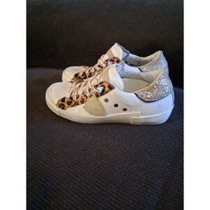White Athletic Sneakers with Leopard and Silver Glitter Accents